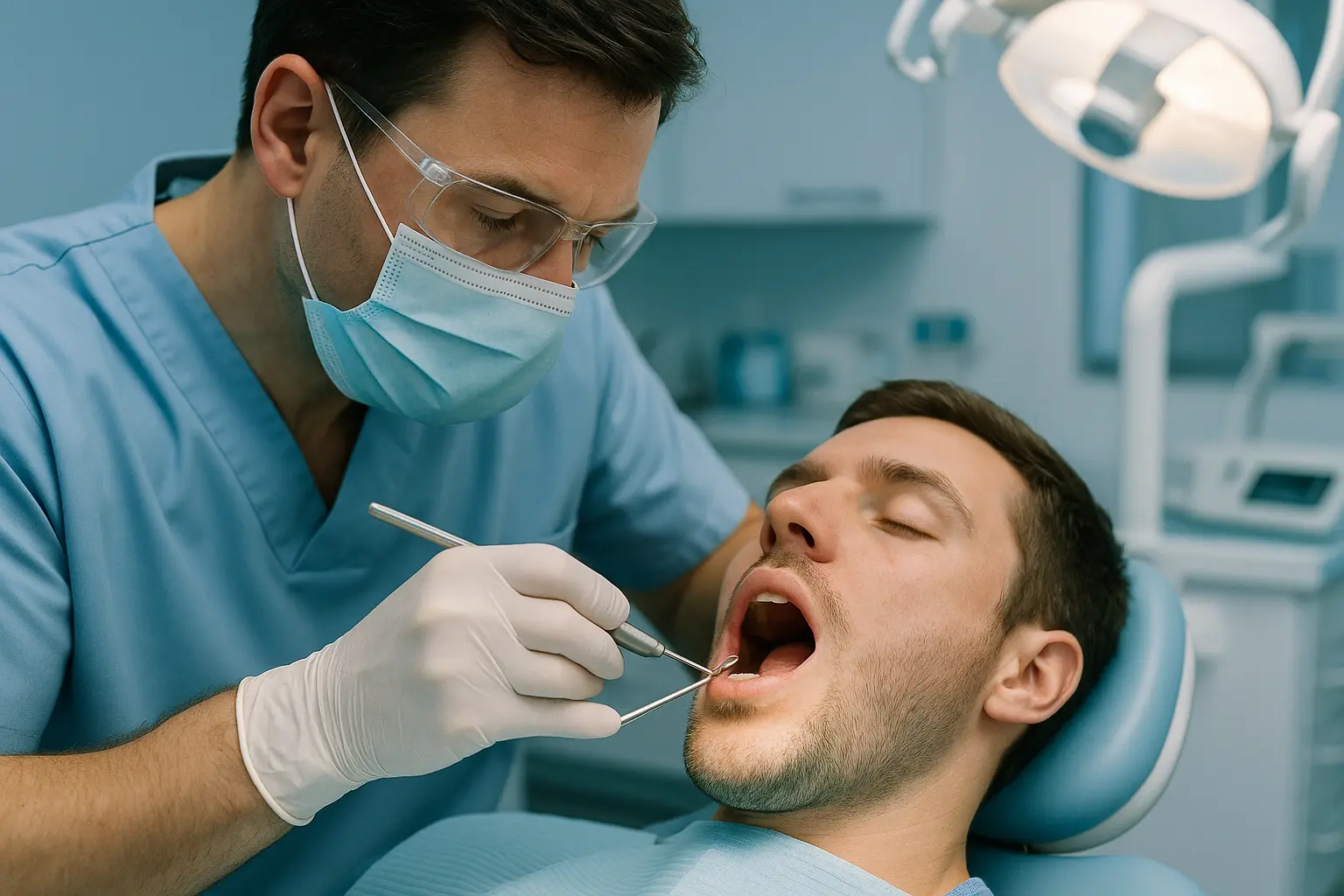 רופא שיניים מבצע סתימה בשן למטופל במרפאה מודרנית