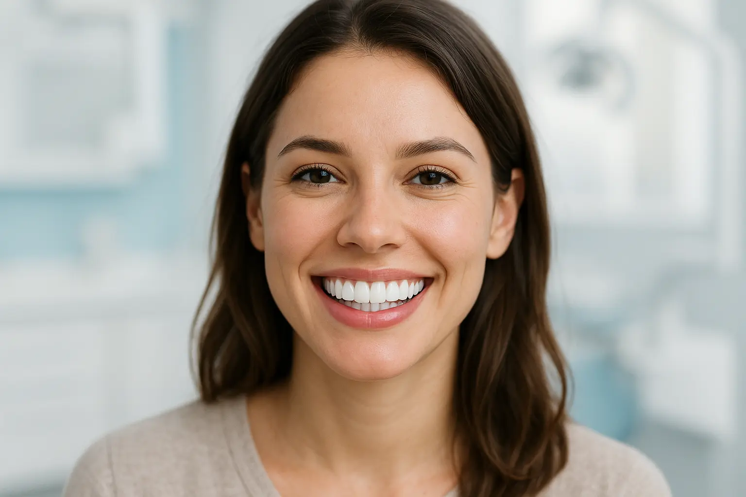 אישה צעירה מחייכת עם ציפויי שיניים מושלמים במרפאת שיניים