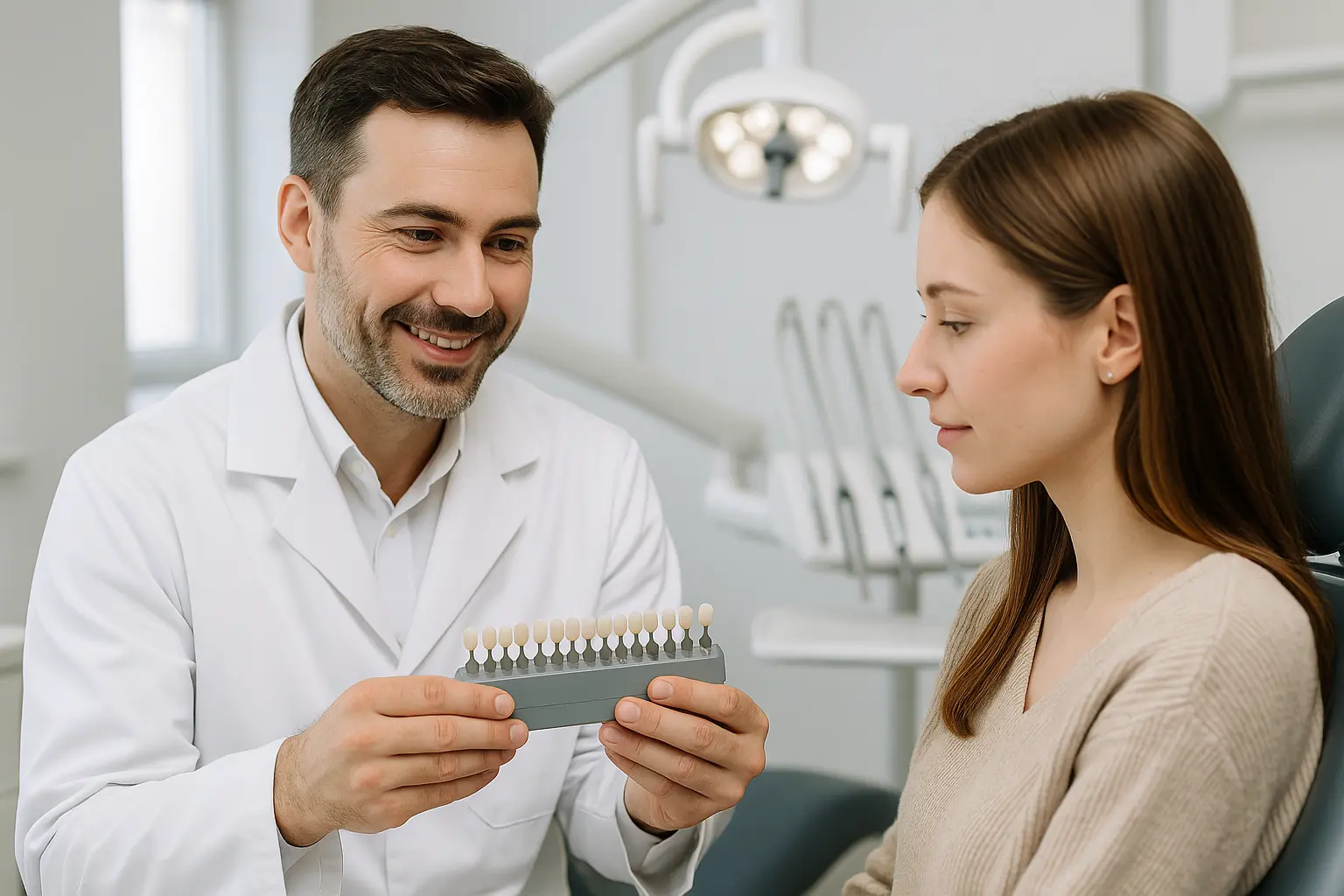 רופא שיניים מציג למטופל סוגי ציפויים שונים במרפאה